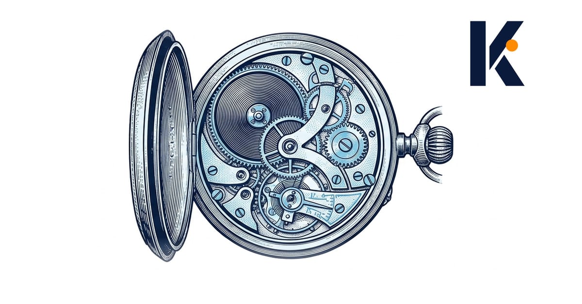 Chronomètre marin de navire, boîtier en laiton ouvert, mécanisme à échappement et ressort visibles.
