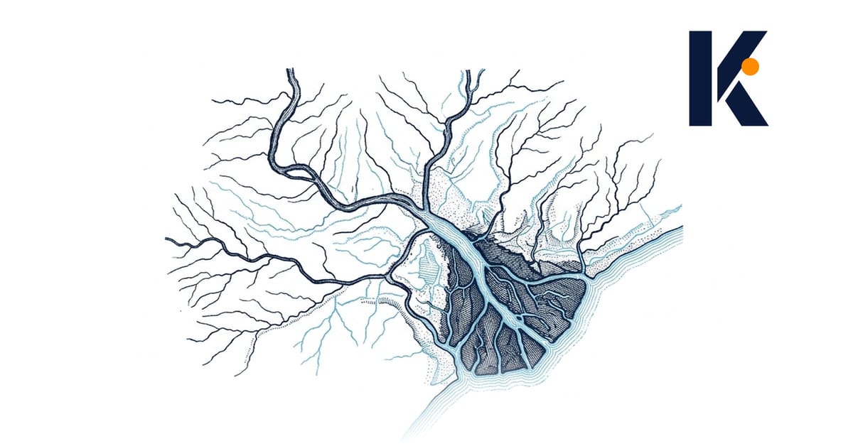 Fragment cartographique d'un delta de rivière, plusieurs tributaires convergeant vers une seule embouchure.