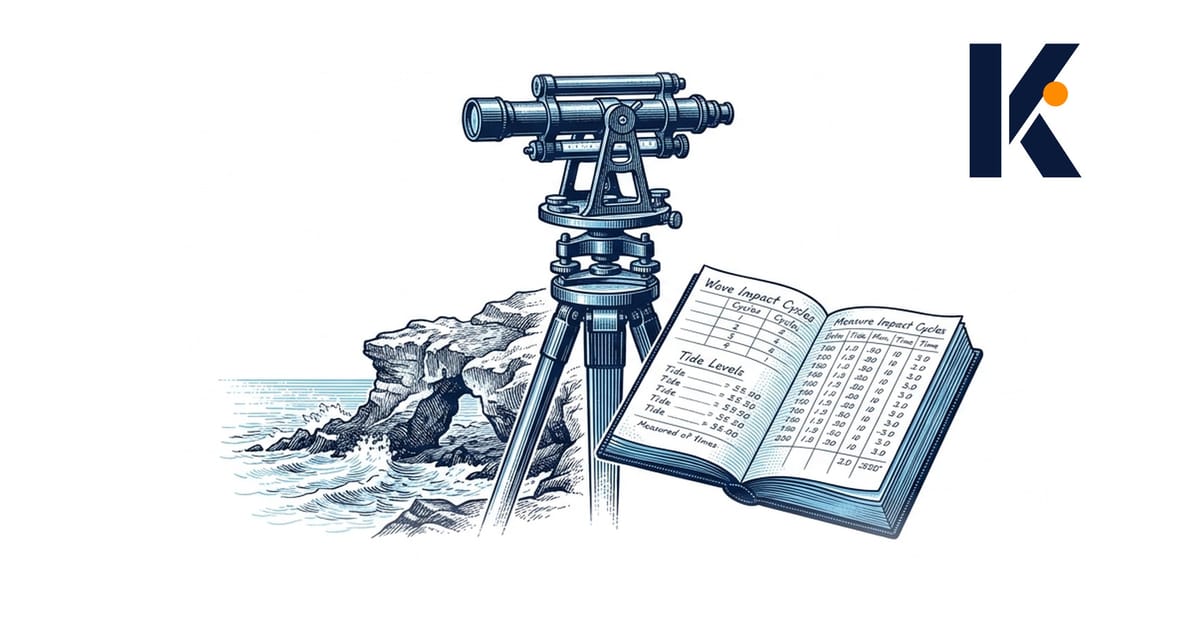 Lunette de géomètre sur une côte rocheuse, carnet ouvert annoté de mesures des vagues - gravure 19e.