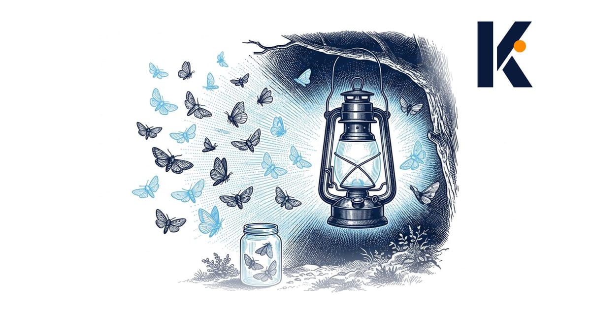 Lanterne à pétrole de naturaliste, papillons attirés par la lumière, bocal collecteur posé au sol - gravure naturaliste 19e.