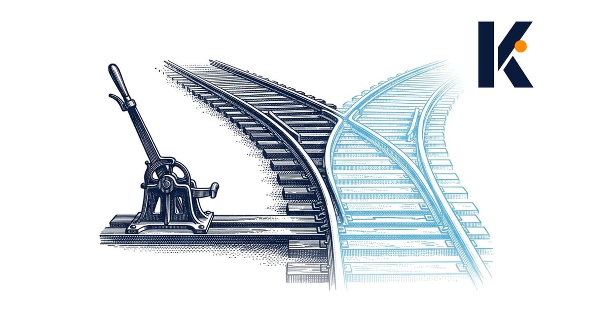 Un aiguillage ferroviaire : un levier oriente le train vers une voie et laisse les autres dans le noir.