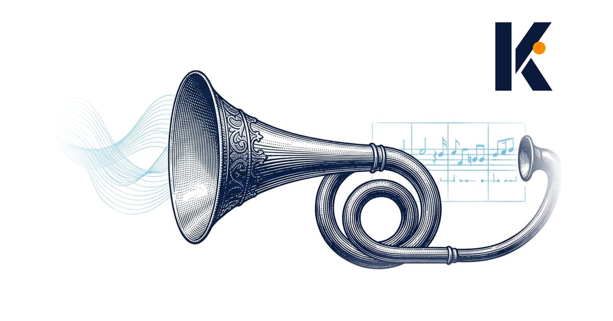 Un cornet acoustique étudié en planche naturaliste ; des ondes sonores y entrent et se transcrivent en notation ordonnée sur 