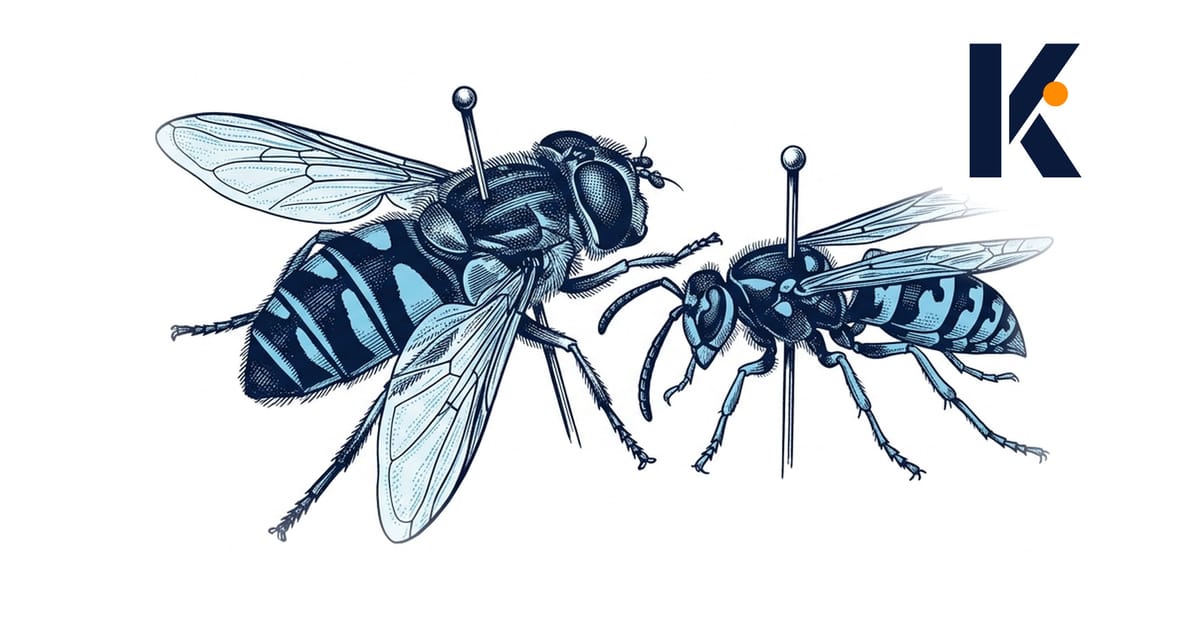 Planche entomologique de mimétisme : un syrphe inoffensif aux marques de guêpe, à côté d'une vraie guêpe.