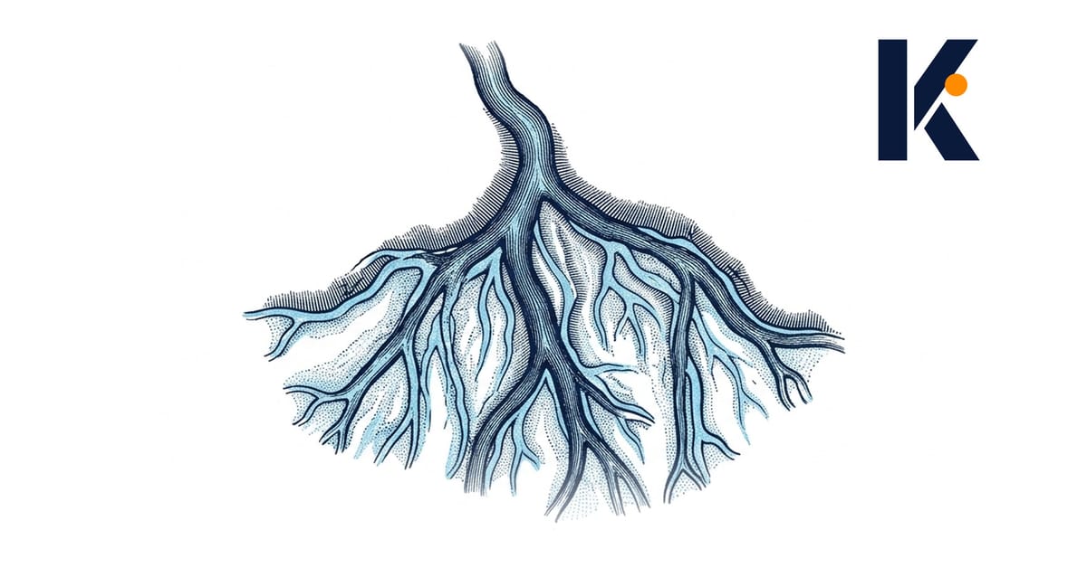 Vue aérienne d'un delta : un mince chenal unique s'élargit en multiples bras ramifiés - gravure naturaliste 19e.
