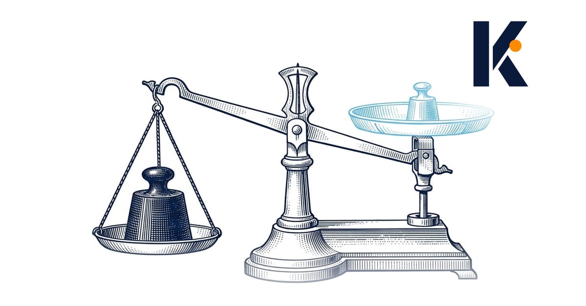 Gravure d'une balance à fléau : un gros poids bleu nuit l'emporte sur un petit poids bleu clair.