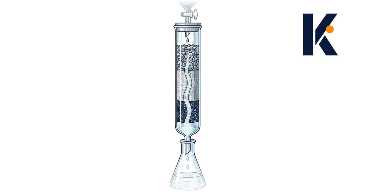 Colonne de filtration en verre : couches filtrantes visibles, liquide trouble entrant, fraction claire collectée en bas - app