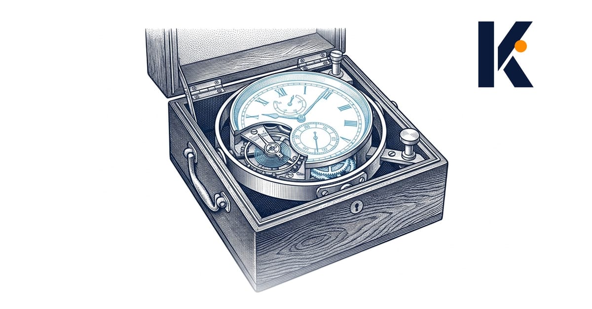 Chronomètre de marine en boîte d'acajou, mécanisme à balancier laiton exposé, instrument de précision pour navigation hauturi