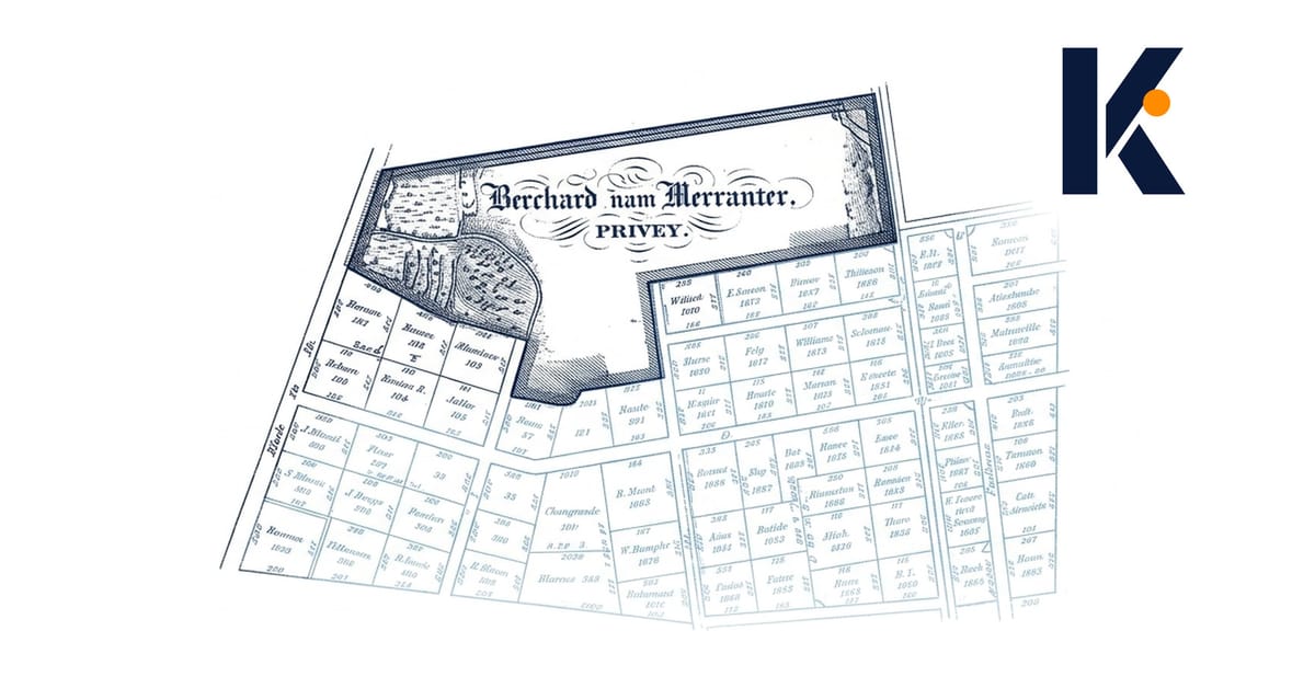 Carte cadastrale ancienne : une grande parcelle unifiée jouxte une grille de petites parcelles nommées individuellement.