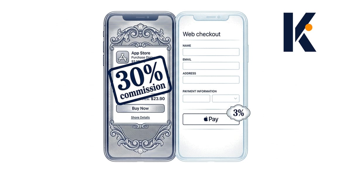 Téléphone divisé : achat in-app à 30% de commission à gauche, checkout web épuré à 3% à droite - diagramme technique.