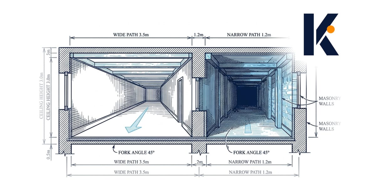 Plan en coupe d'un couloir bifurqué, un chemin large et balisé, un chemin étroit dans l'ombre - dessin technique d'architecte