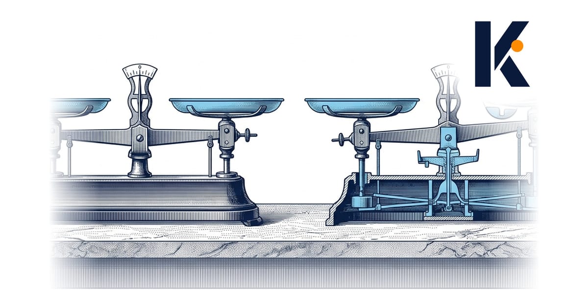 Deux balances analytiques : l'une parfaitement équilibrée, l'autre avec un contrepoids caché sous le plateau - illustration s