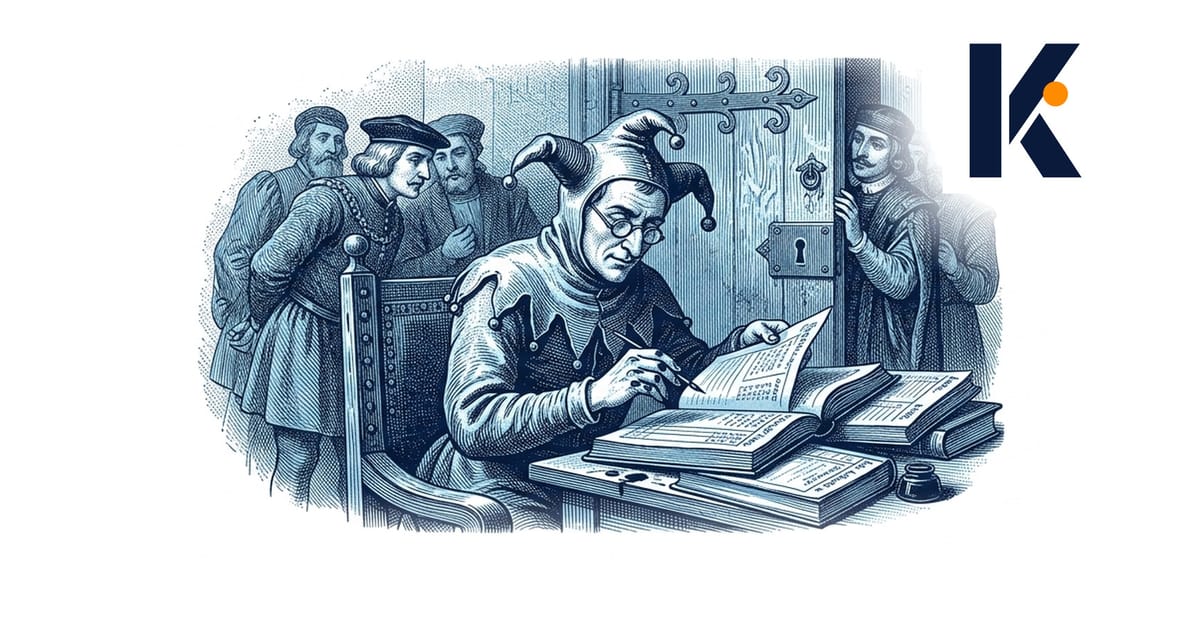 Bouffon médiéval qui vérifie des grands livres de comptes à la bougie, lunettes sur le nez, porte fermée derrière lui.