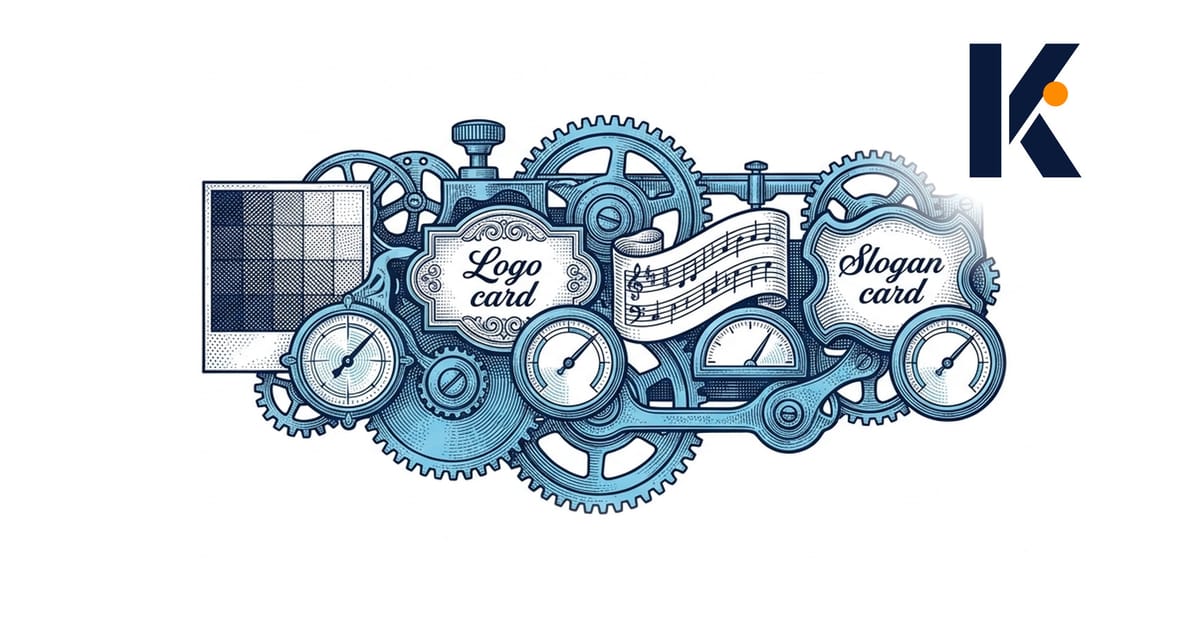 Quatre actifs de marque - couleur, logo, jingle, slogan - sur un établi de mesure avec cadrans de score. Illustration.