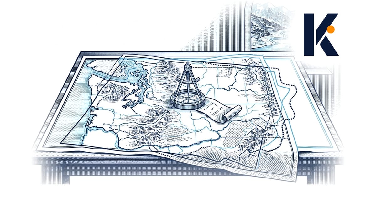 Table de cartographe avec trois relevés contradictoires d'un même territoire, boussole de triangulation au centre, paysage ré