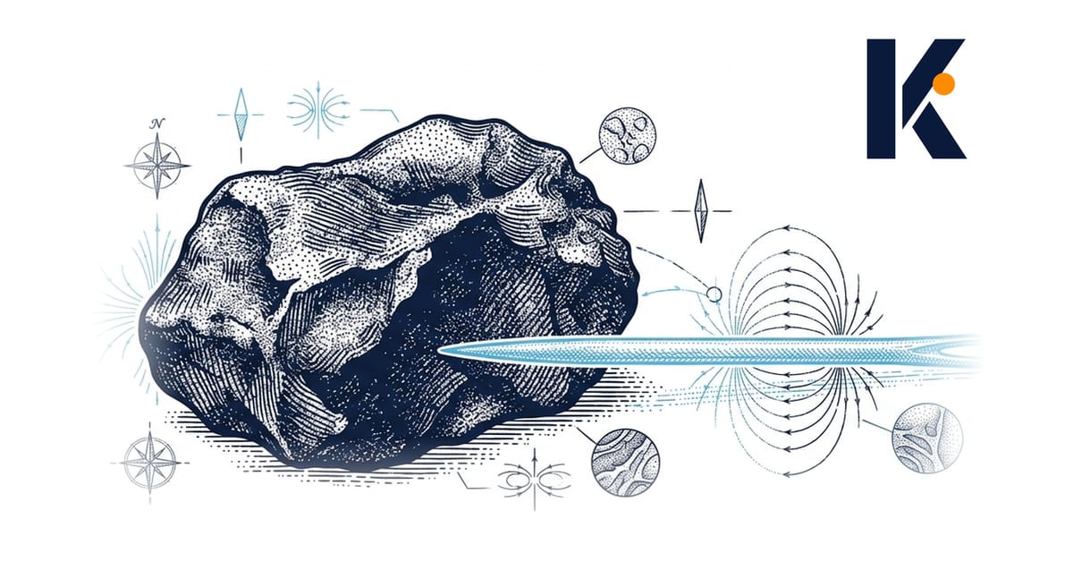 Spécimen de lodestone et aiguille aimantée posés côte à côte, annotations de terrain au crayon - planche naturaliste 19e.