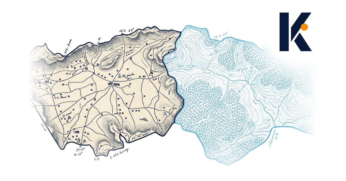 Deux territoires voisins - l'un avec traces d'activité, l'autre vierge - relevé cartographique scientifique.