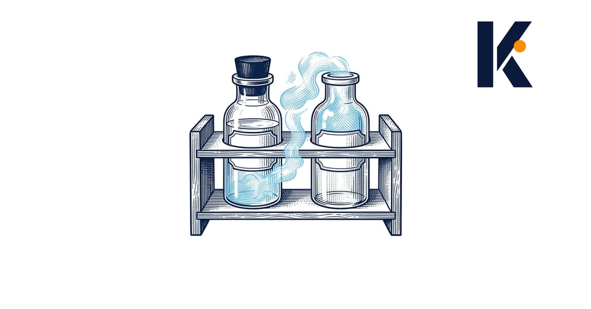 Deux fioles de laboratoire, l'une hermétique, l'autre ouverte dont la vapeur contamine sa voisine - gravure chimique 19e.