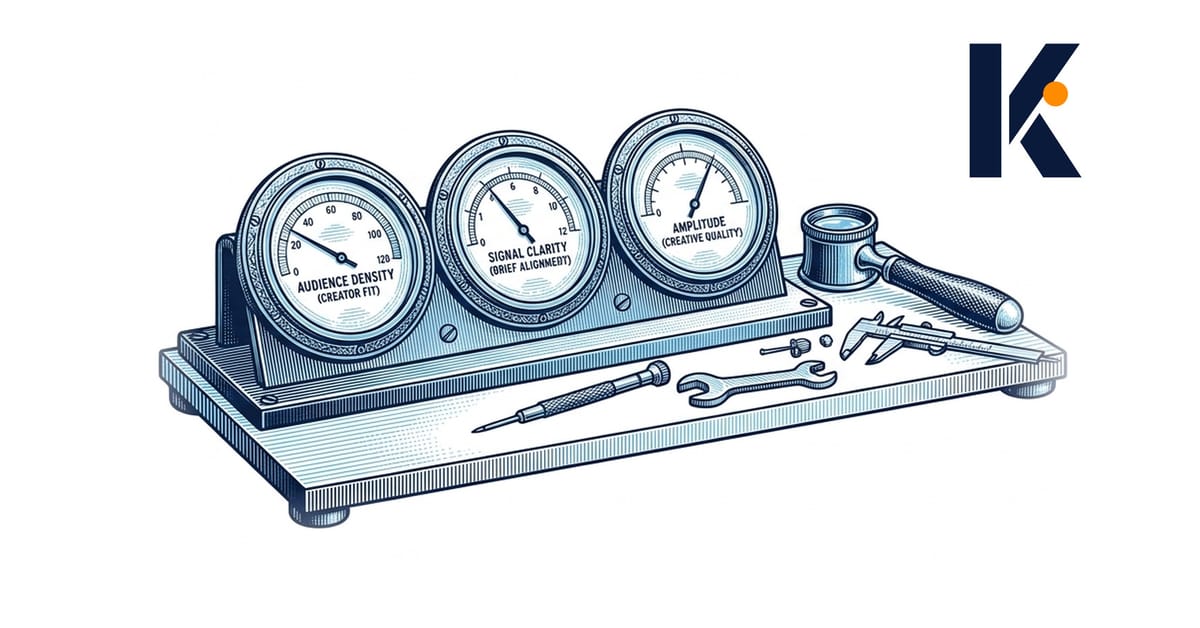 Établi de calibration avec trois cadrans de précision analogiques - fit créateur, alignement brief, qualité créative.
