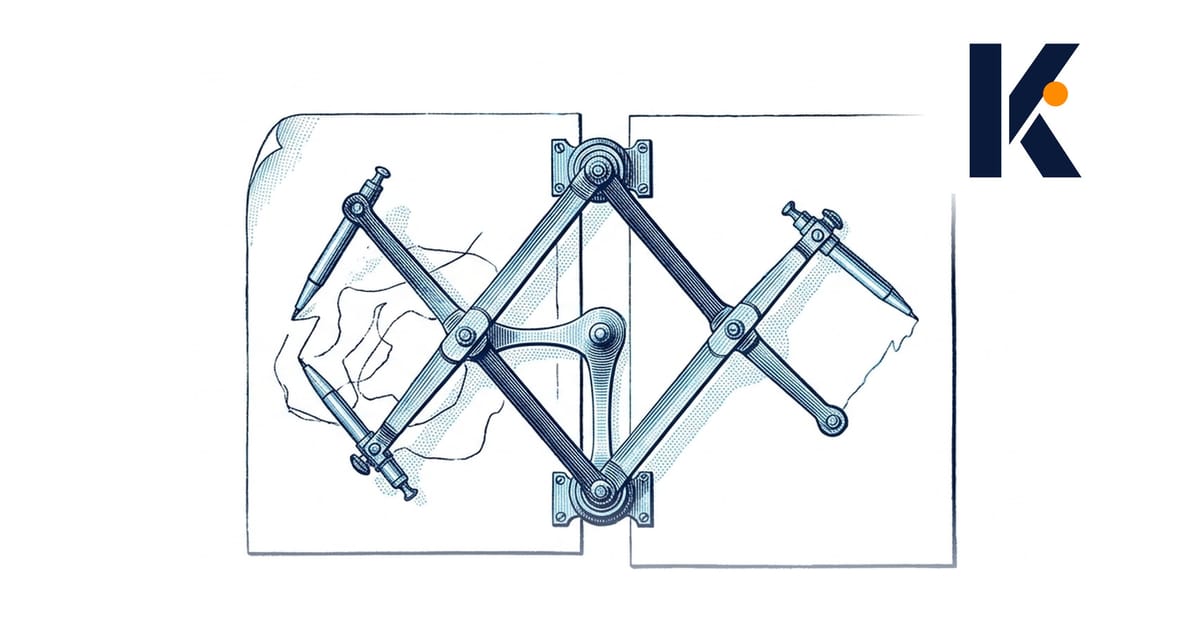 Pantographe en laiton vu de dessus, reproduisant un tracé avec ses imperfections sur feuille vierge - instrument de cartograp