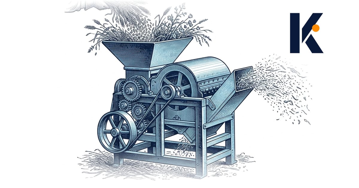 Machine à battre mécanique nourrie d'un mélange de grain et de mauvaises herbes, tri indifférent - gravure technique.