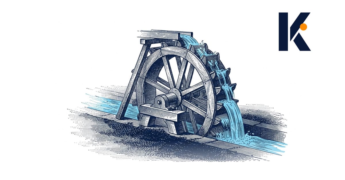 Roue à aubes en bois au bord d'un étang, les augets reversant l'eau dans le canal d'alimentation - gravure naturaliste 19e.