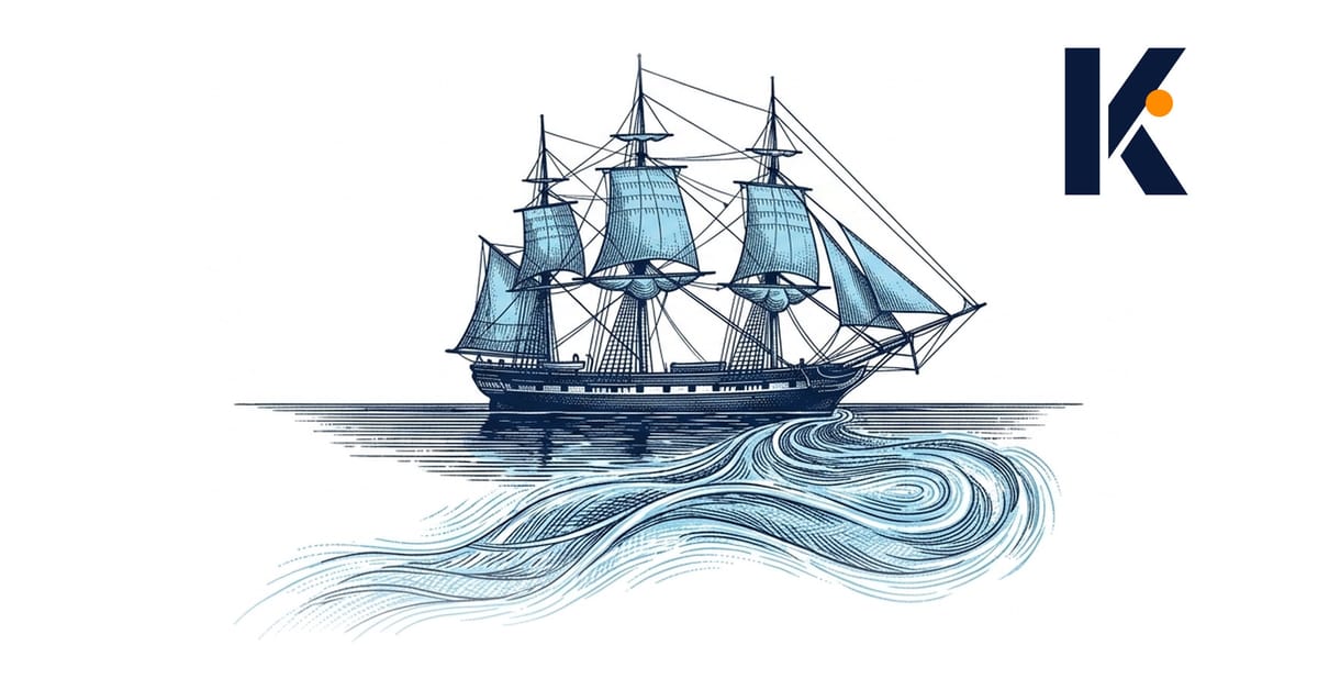 Voilier en mer d'huile avançant sans vent, sillage trahissant le courant profond qui le porte - gravure naturaliste 19e.