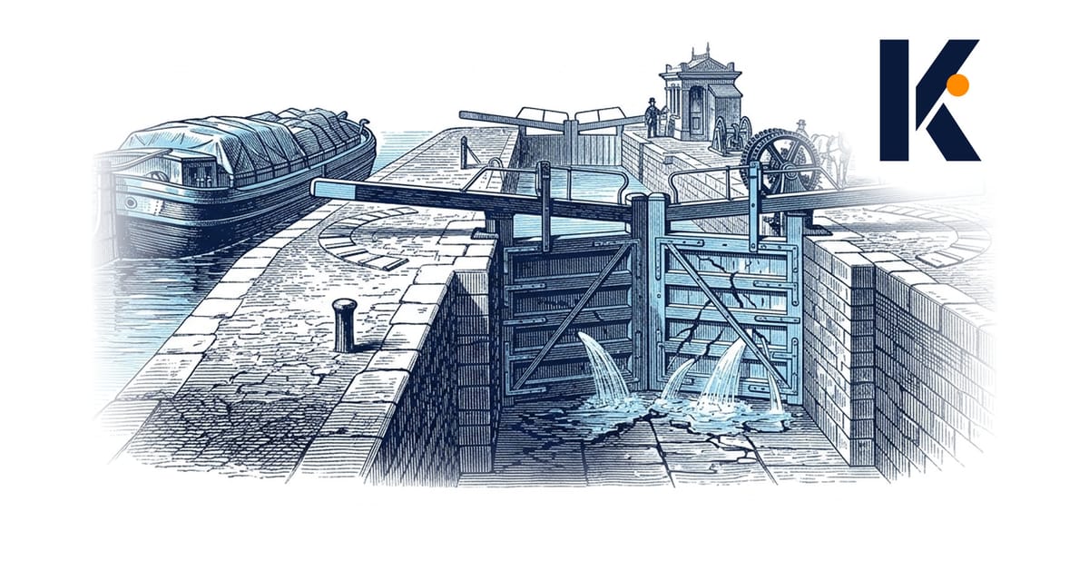 Écluse de canal : la barge payée attend, la chambre aval fuit par une porte fissurée - gravure 19e.