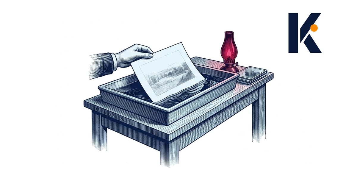Tirage photographique qui se développe dans un bac, l'image déjà prise affleurant le papier - lampe rouge, gravure naturalist