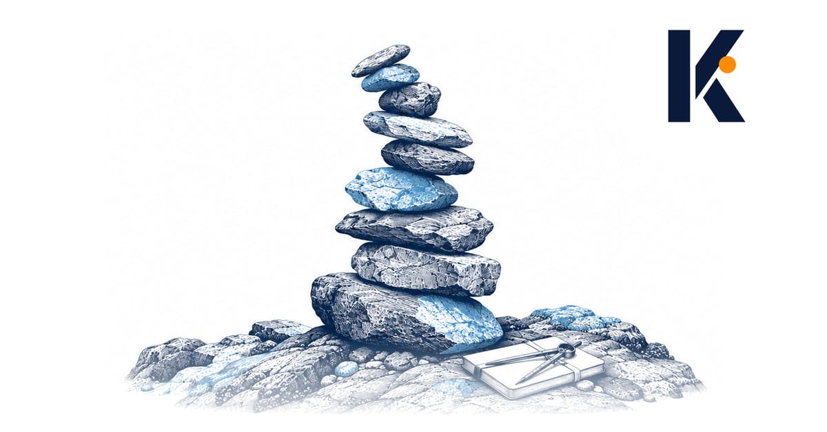 Cairn de pierres empilées sur un rivage, équilibre précaire du sommet - gravure naturaliste 19e.