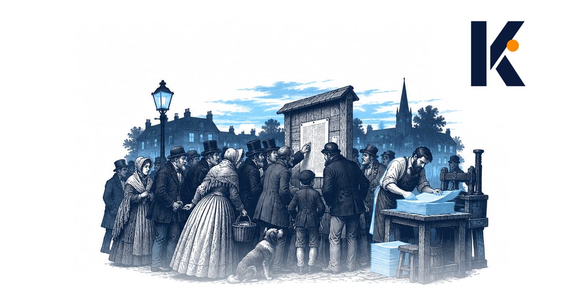 Place de village : la foule lit une affiche manuscrite qu'un imprimeur reprend en première page de son journal - gravure 19e.
