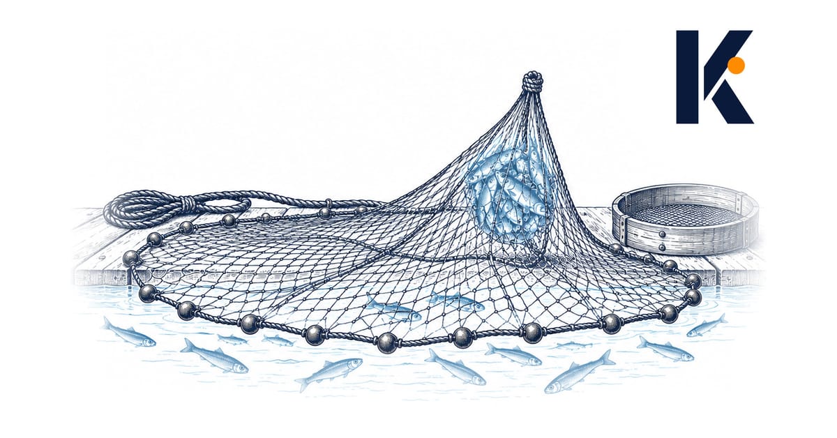 Filet de pêche en laiton étalé sur un quai, une seule maille levée vers la lumière retient un banc compact de poissons.