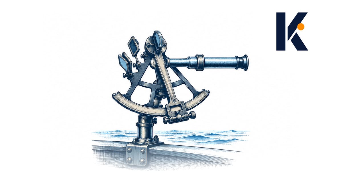 Sextant en laiton pointé vers un horizon de mer vide, la côte hors champ - gravure d'instrument 19e.