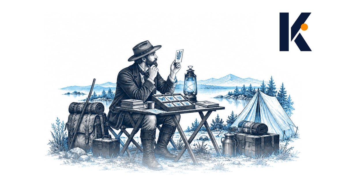 Naturaliste 19e siècle à sa table de camp, triant des fiches de spécimens à la lanterne, le paysage inexploré derrière.