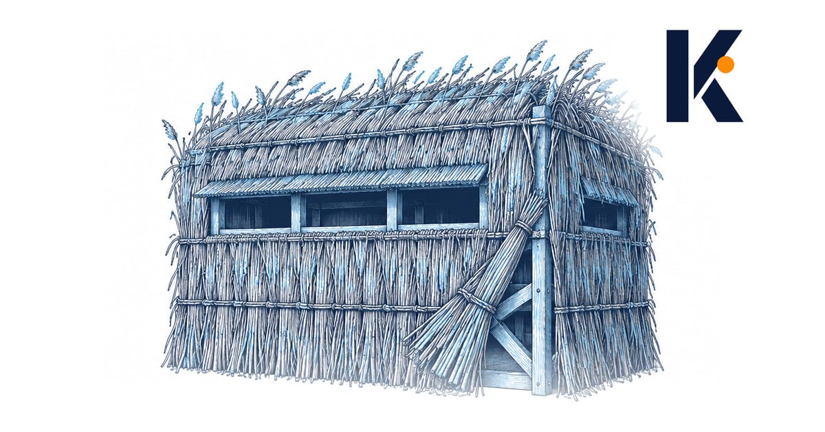 Cabane d'affût en roseaux coupés au bord d'un marais, charpente visible sous une touffe glissée - gravure naturaliste 19e.