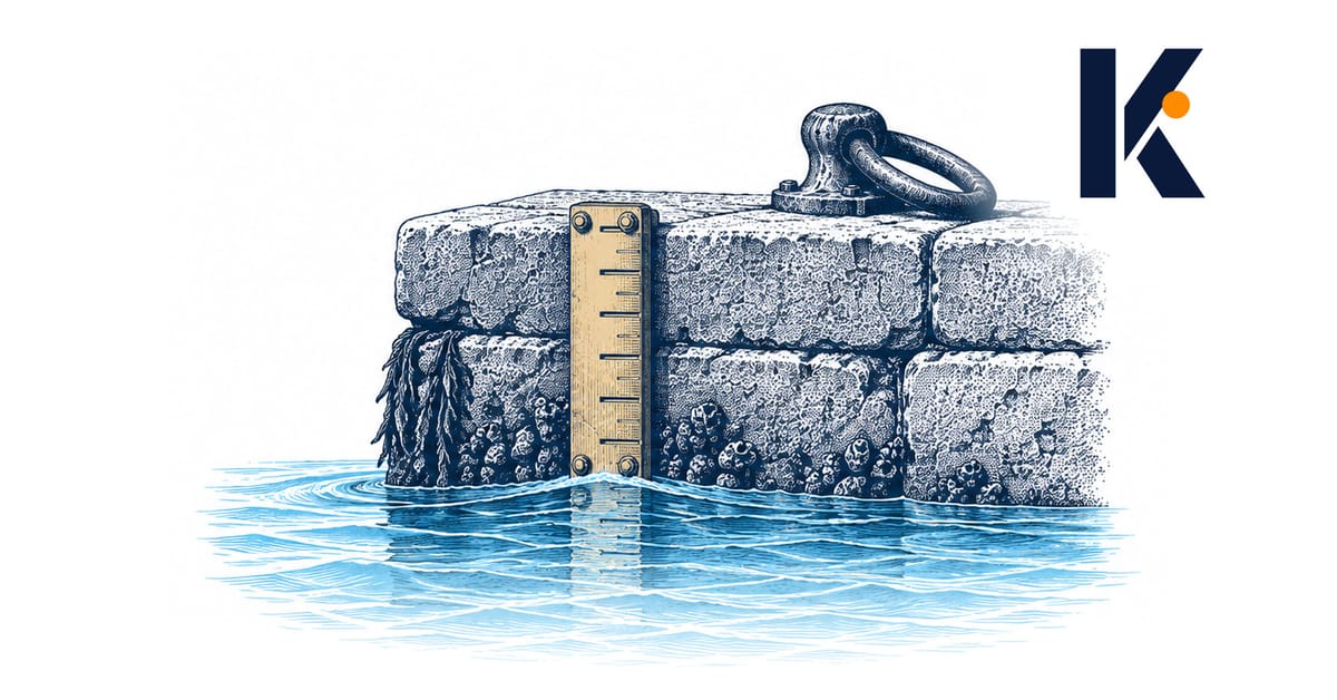 Jauge de marée en laiton fixée à un quai de pierre, l'eau montant exactement à une graduation - gravure naturaliste 19e.