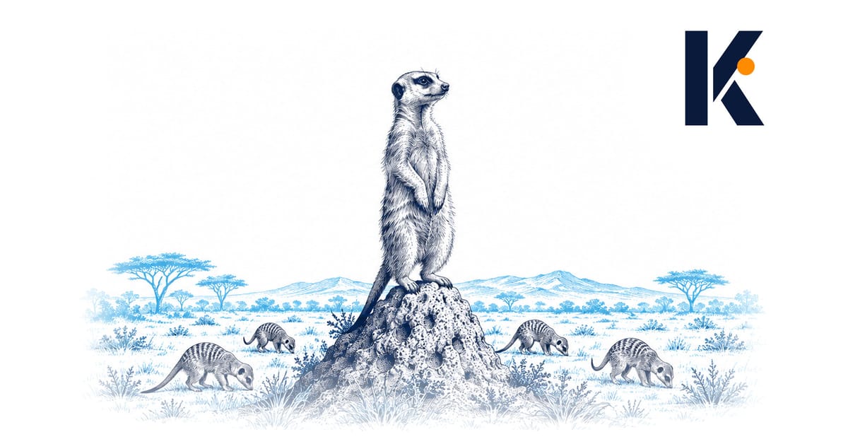 Une suricate en sentinelle dressée sur une termitière, la troupe en quête de nourriture au pied - gravure naturaliste 19e.