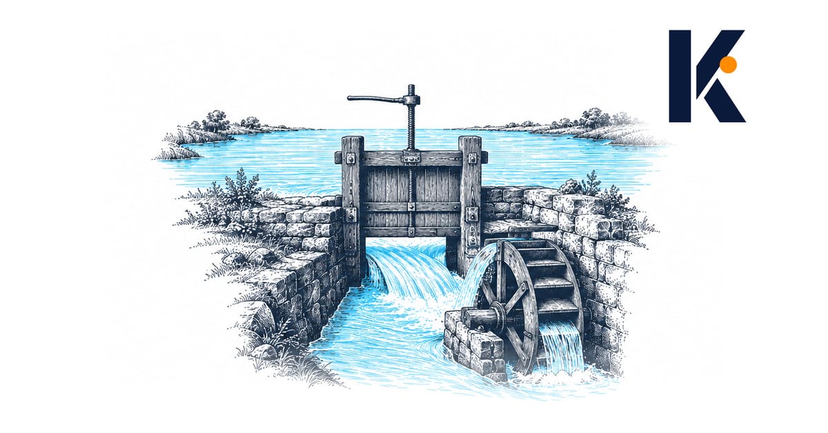 Vanne de bois sur un canal du 19e : le flot retenu en amont, un seul chenal contrôlé actionne la roue du moulin - gravure.
