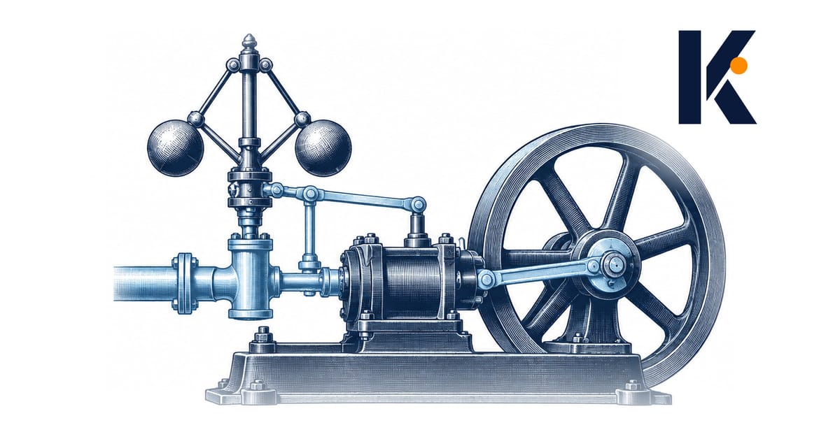 Régulateur centrifuge en laiton sur machine à vapeur : boules en rotation, vanne retenue, volant d'inertie libre - gravure.