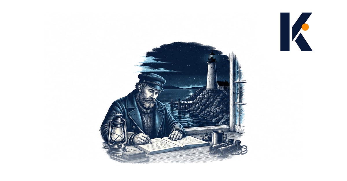Gardien de phare prenant des notes minutieuses tandis que la lumière du phare derrière lui est éteinte