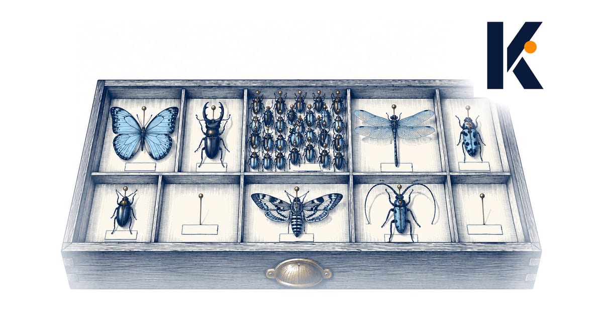 Tiroir d'entomologiste : un compartiment déborde du même scarabée, les voisins n'ont qu'un spécimen ou restent vides.