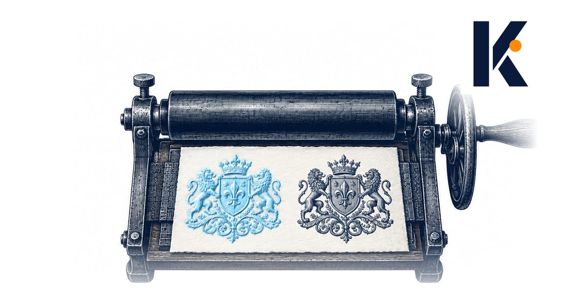 Deux empreintes du même blason sur une feuille, l'une encrée et riche, l'autre fine et lisible - presse à visier 19e.