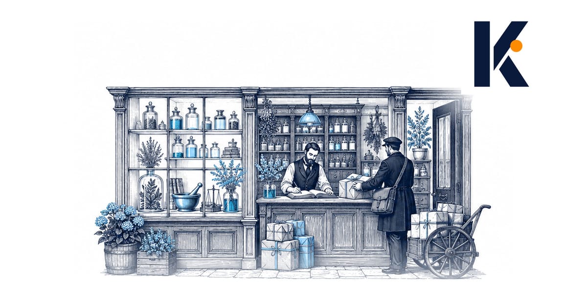 Pharmacie victorienne, produits en vitrine, colis au comptoir - distribution multicanal comme choix structurel.