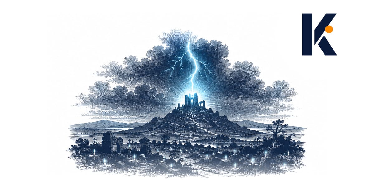 Un éclair unique frappant le point culminant d'un horizon d'orage, des bougies éparses vacillant au sol - gravure météorologi