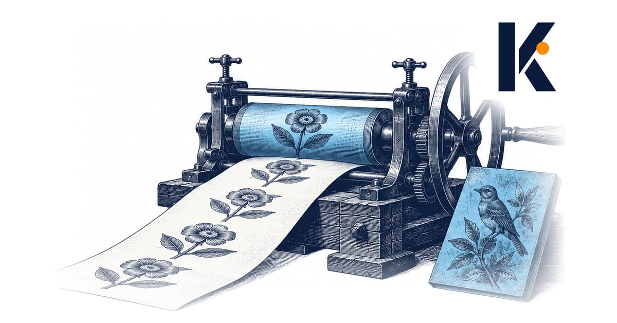 Presse à cylindre imprimant une bande où le même motif se répète, à côté une planche gravée différente - atelier d'imprimerie