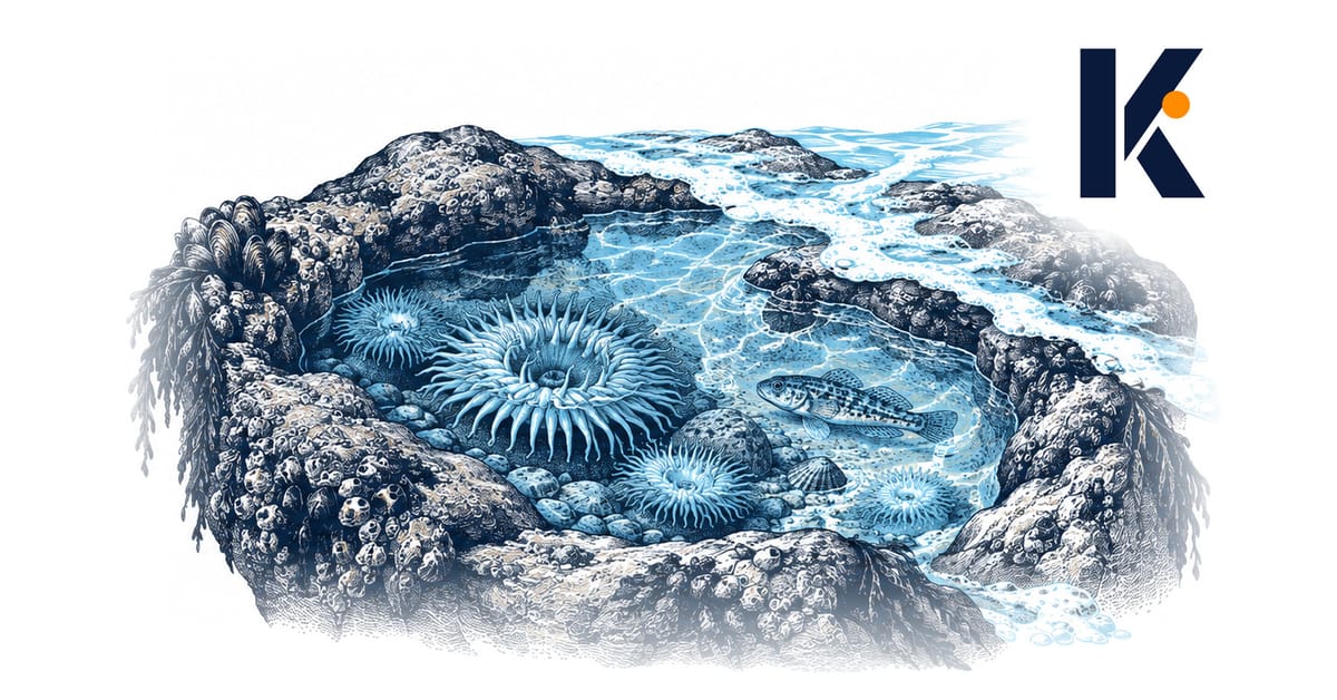 Marée basse sur un bassin rocheux où la mer revient chercher les organismes échoués - gravure naturaliste 19e.