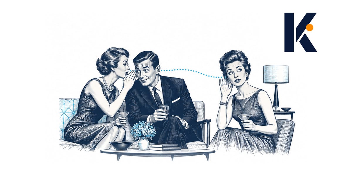 Des invités à un cocktail qui se chuchotent une confidence, le trajet de la rumeur tracé en pointillés - illustration éditori