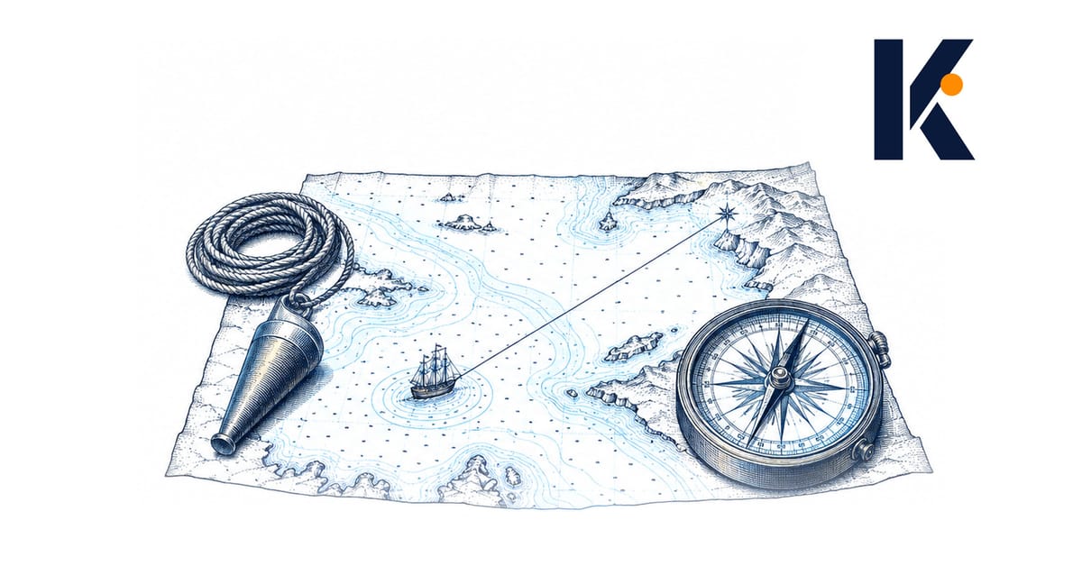 Table de navigation : ligne de sonde posée sur la position du navire, rose des vents alignée sur le cap tracé - gravure.