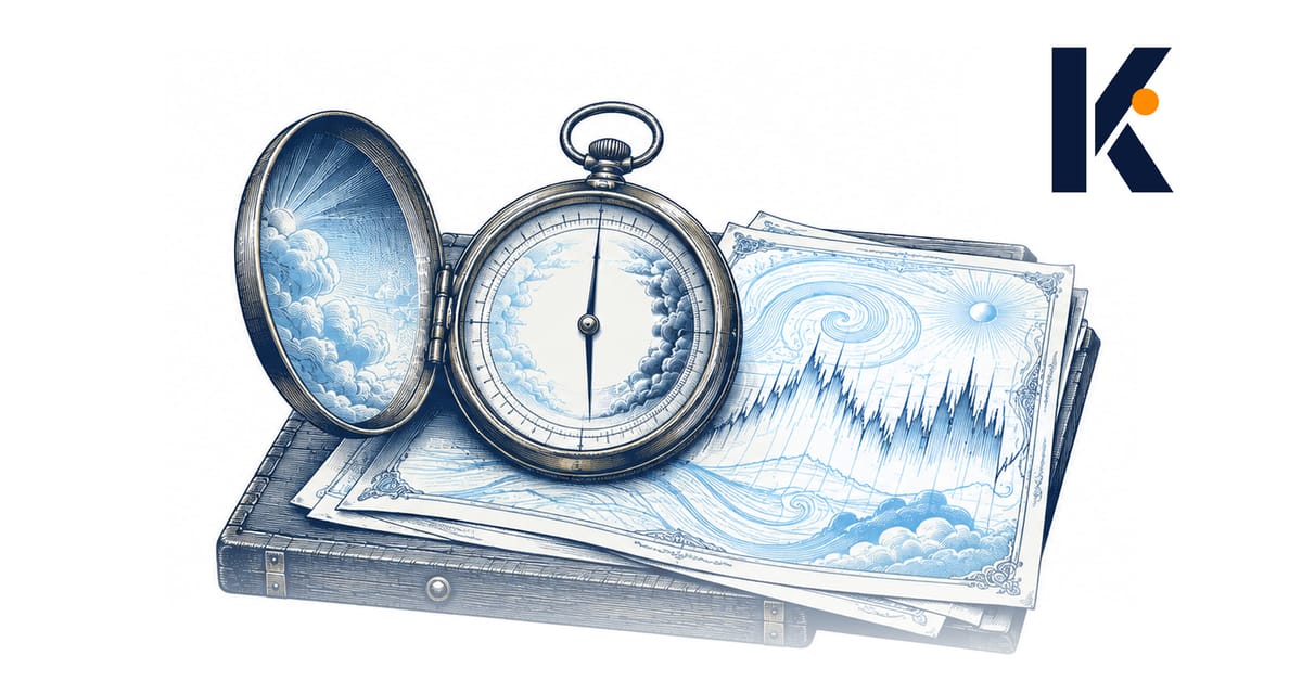 Baromètre de laiton à cadran nu posé sur un bureau, aiguille au centre, près de cartes ornées aux graphiques spectaculaires.