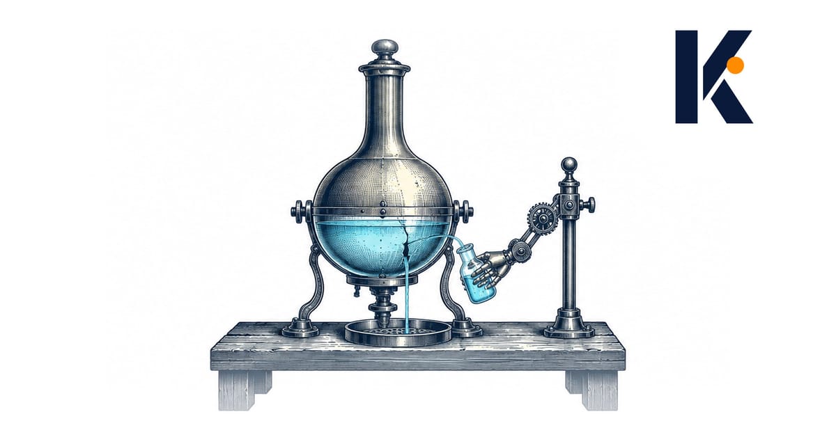 Fiole de laboratoire fissurée dont le liquide s'écoule, une main mécanique recueillant le flux dans un flacon scellé - gravur