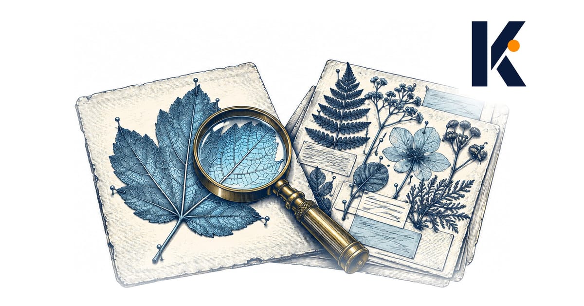 Herbier annoté d'une seule légende sous loupe en laiton, une planche encombrée d'étiquettes illisibles délaissée à côté.